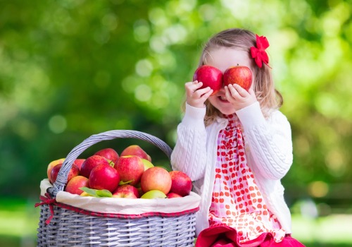 Girl sitting by a basket of apples, holding two of them to her eyes. 