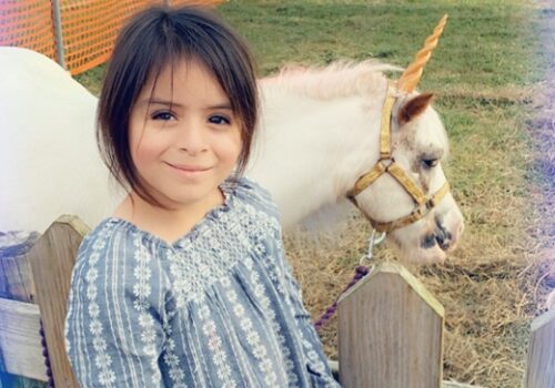 Sunflower Festival Aurora IL 1 A young girls smiles with a unicorn behind her at Tanners Orchard, which offers numerous events such as a Sunflower Festival for Aurora IL residents