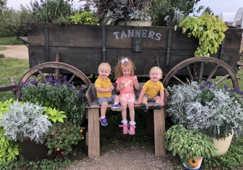 Three children sit in front of a wagon at Tanners Orchard, which offers farm attractions & activities in Illinois